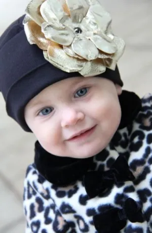 Black Cotton Hat with Metallic Gold Rose