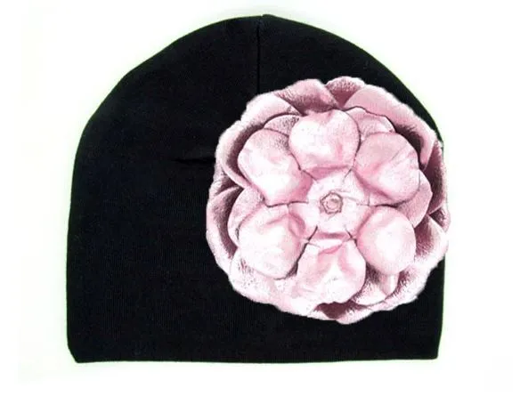 Black Cotton Hat with Metallic Pale Pink Rose