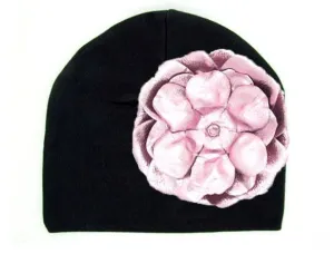 Black Cotton Hat with Metallic Pale Pink Rose