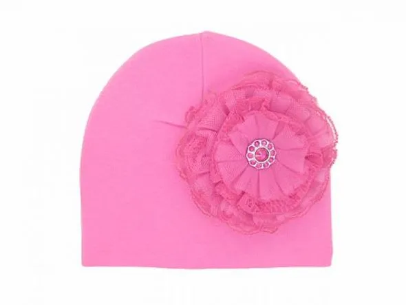Candy Pink Cotton Hat with Raspberry Lace Rose