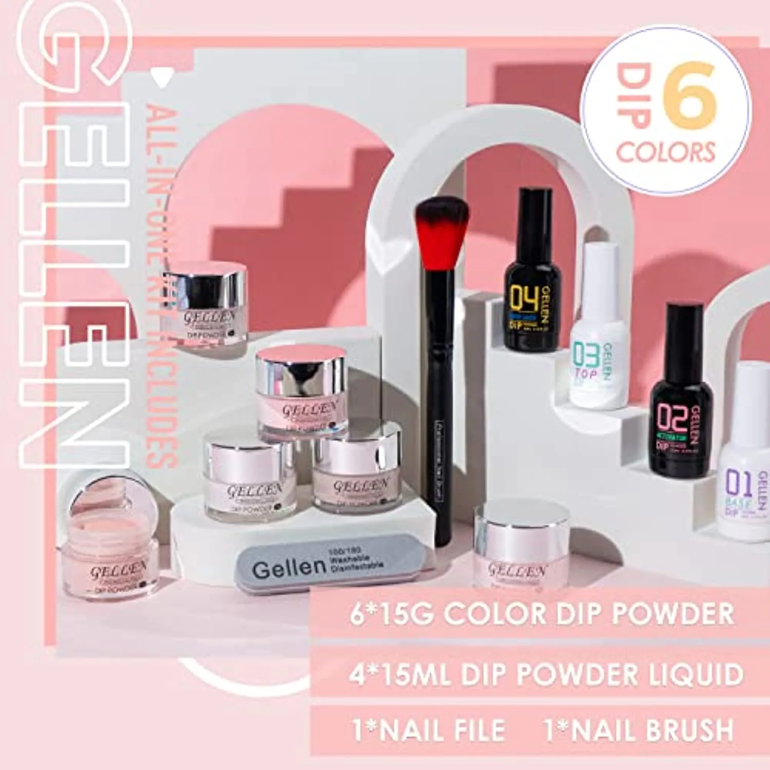 Gellen Dip Powder Nail Kit, 6 Colors Acrylic Nail Dip Powder Starter Kit With Top&Base Coat, Clear Dipping Powder Liquid Set, Home/Salon Nail Art Kit, DIY Manicure Gift Set, Gentle Nudes