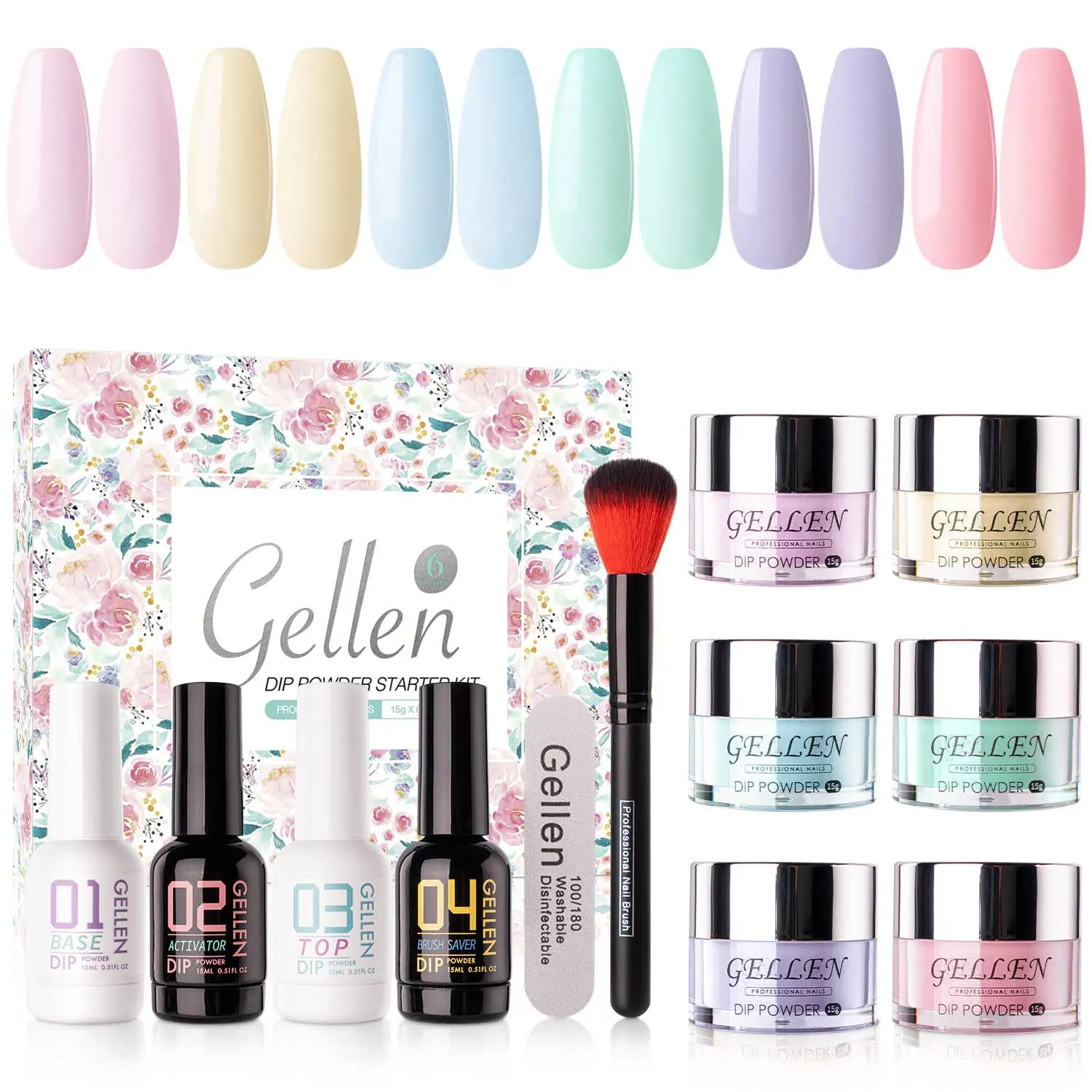 Gellen Dip Powder Nail Kit, 6 Colors Acrylic Nail Dip Powder Starter Kit With Top&Base Coat, Clear Dipping Powder Liquid Set, Home/Salon Nail Art Kit, DIY Manicure Gift Set, Gentle Nudes