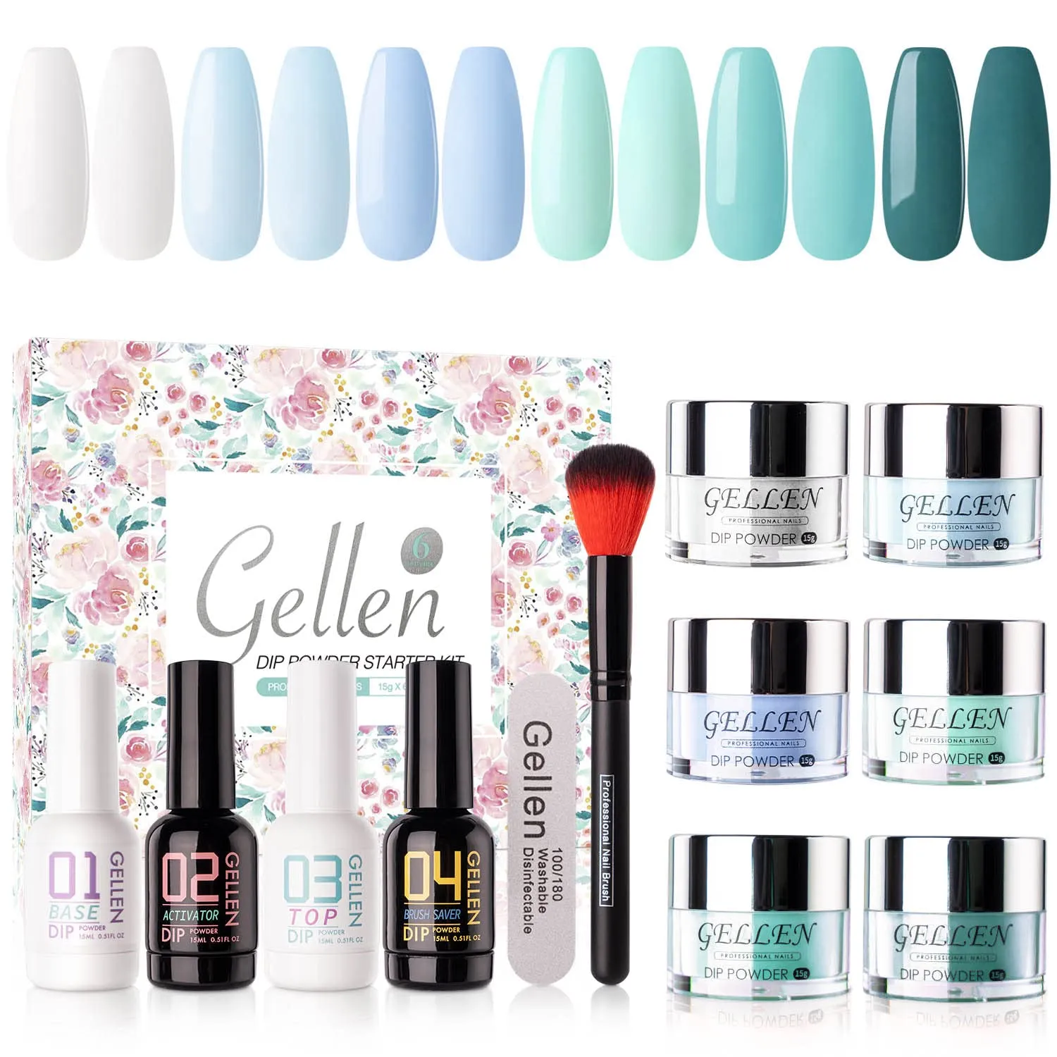 Gellen Dip Powder Nail Kit, 6 Colors Acrylic Nail Dip Powder Starter Kit With Top&Base Coat, Clear Dipping Powder Liquid Set, Home/Salon Nail Art Kit, DIY Manicure Gift Set, Gentle Nudes