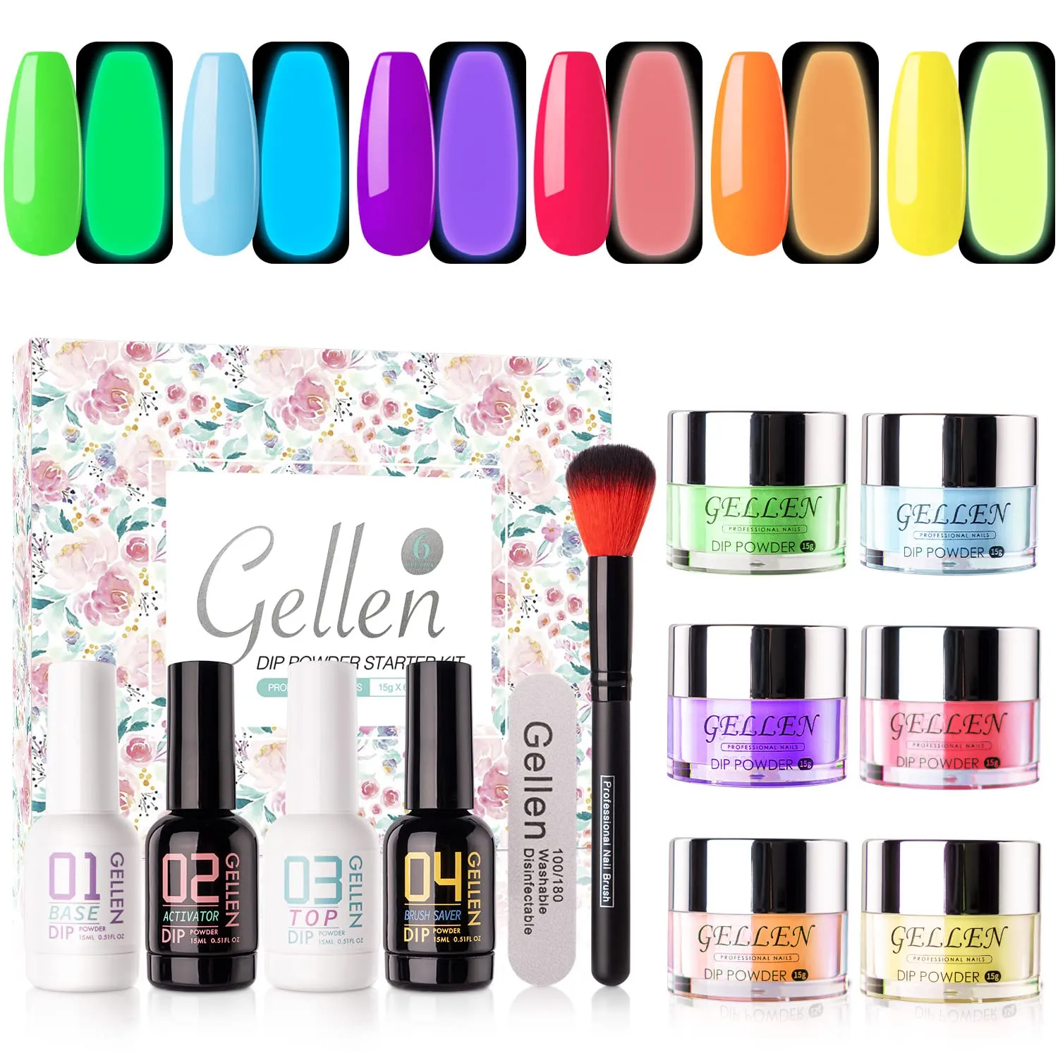 Gellen Dip Powder Nail Kit, 6 Colors Acrylic Nail Dip Powder Starter Kit With Top&Base Coat, Clear Dipping Powder Liquid Set, Home/Salon Nail Art Kit, DIY Manicure Gift Set, Gentle Nudes