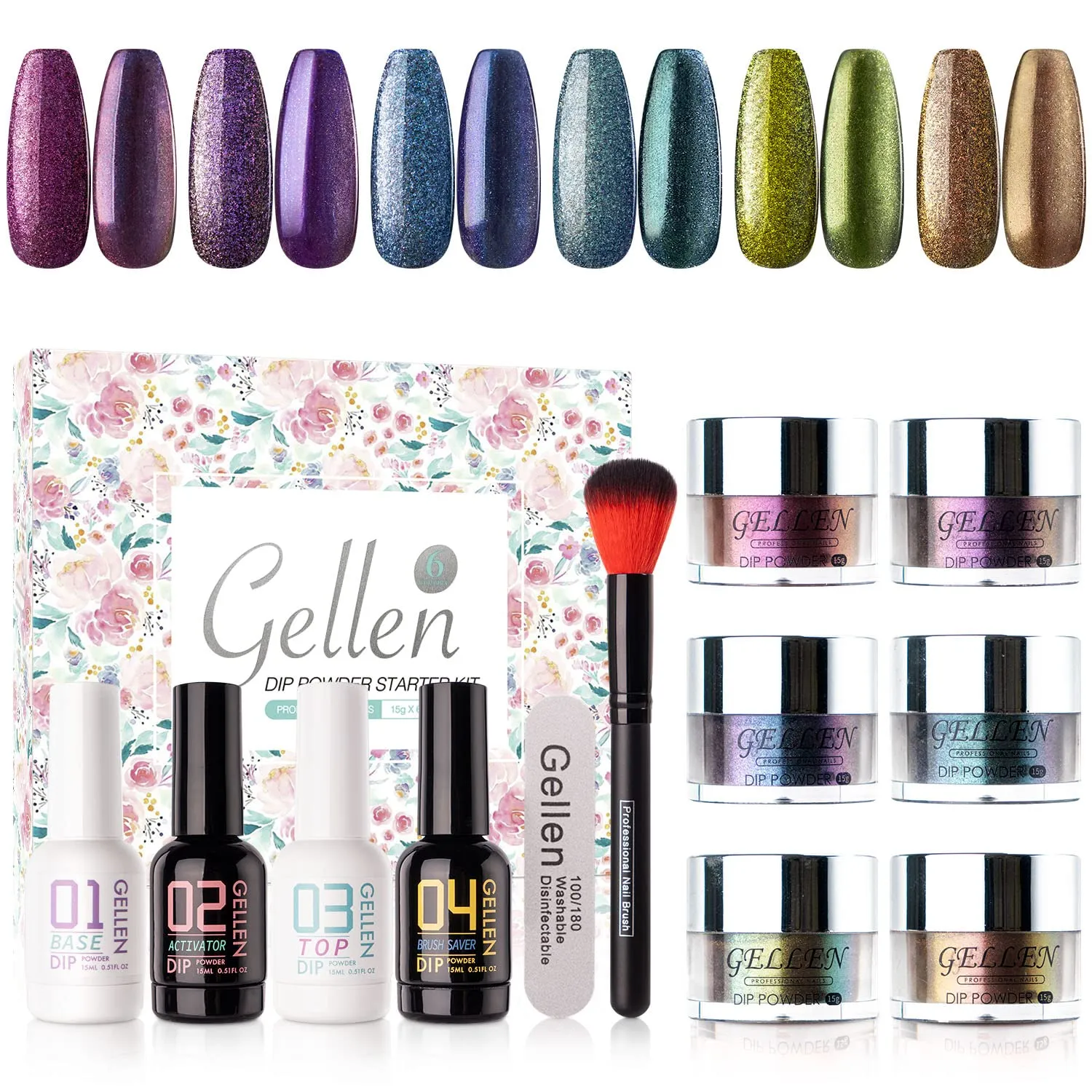 Gellen Dip Powder Nail Kit, 6 Colors Acrylic Nail Dip Powder Starter Kit With Top&Base Coat, Clear Dipping Powder Liquid Set, Home/Salon Nail Art Kit, DIY Manicure Gift Set, Gentle Nudes