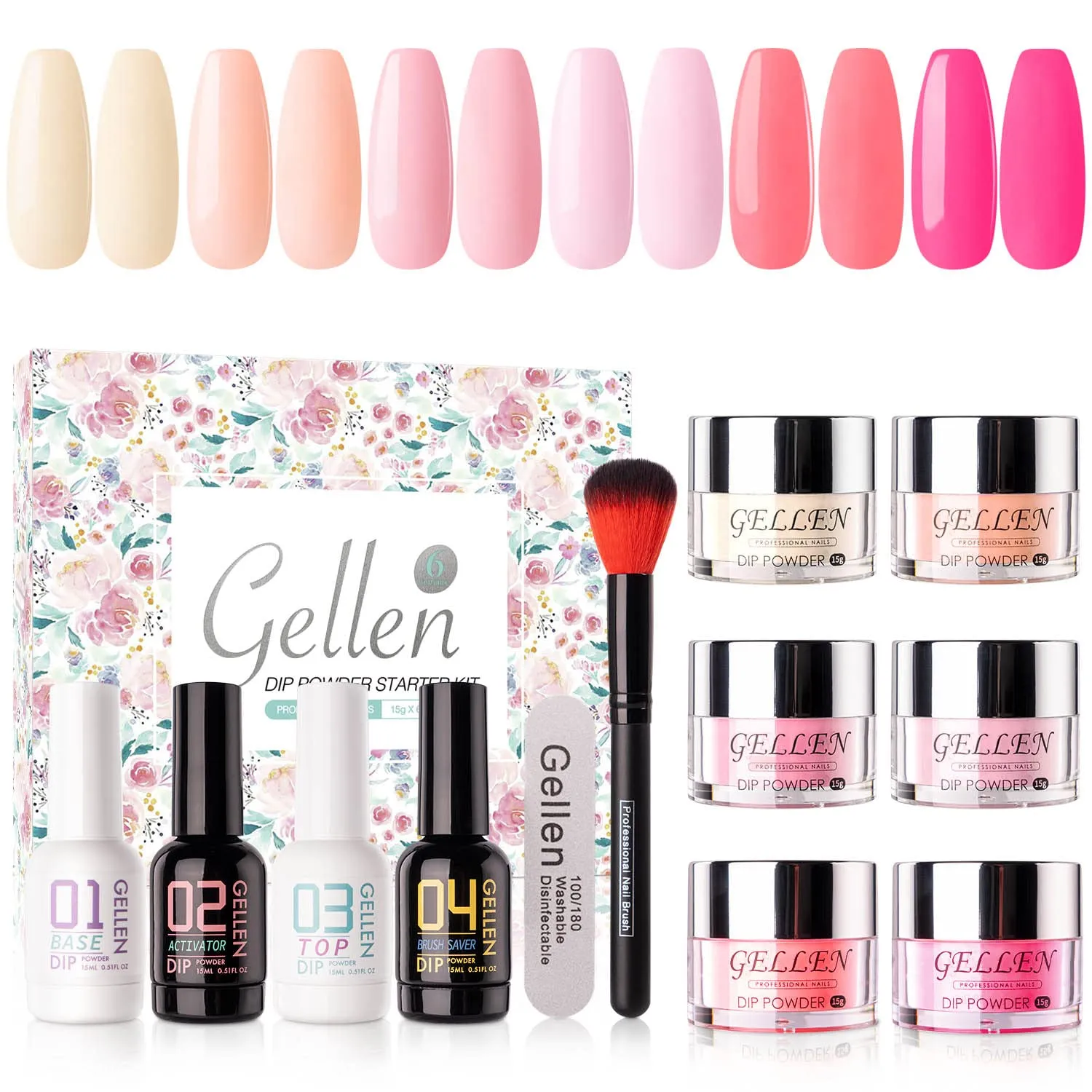 Gellen Dip Powder Nail Kit, 6 Colors Acrylic Nail Dip Powder Starter Kit With Top&Base Coat, Clear Dipping Powder Liquid Set, Home/Salon Nail Art Kit, DIY Manicure Gift Set, Gentle Nudes