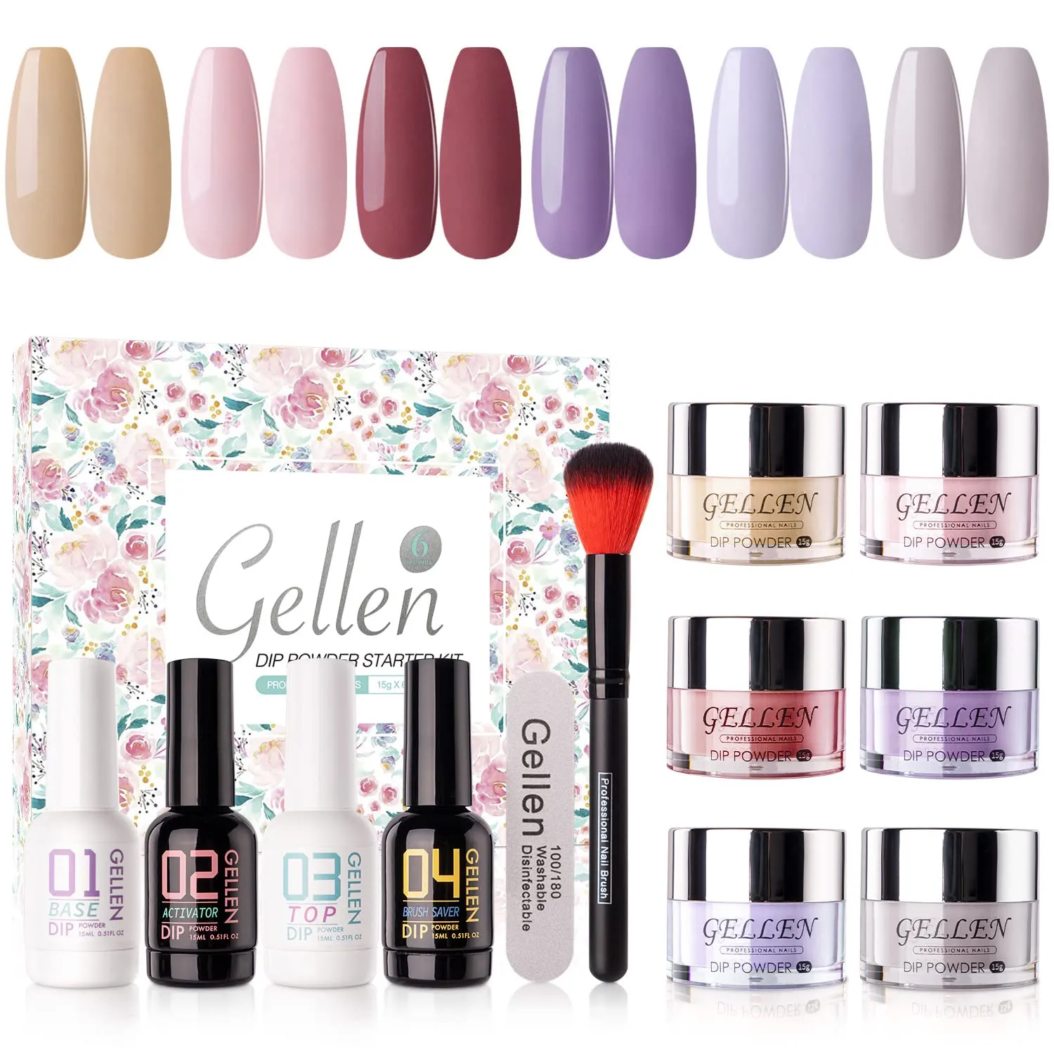 Gellen Dip Powder Nail Kit, 6 Colors Acrylic Nail Dip Powder Starter Kit With Top&Base Coat, Clear Dipping Powder Liquid Set, Home/Salon Nail Art Kit, DIY Manicure Gift Set, Gentle Nudes