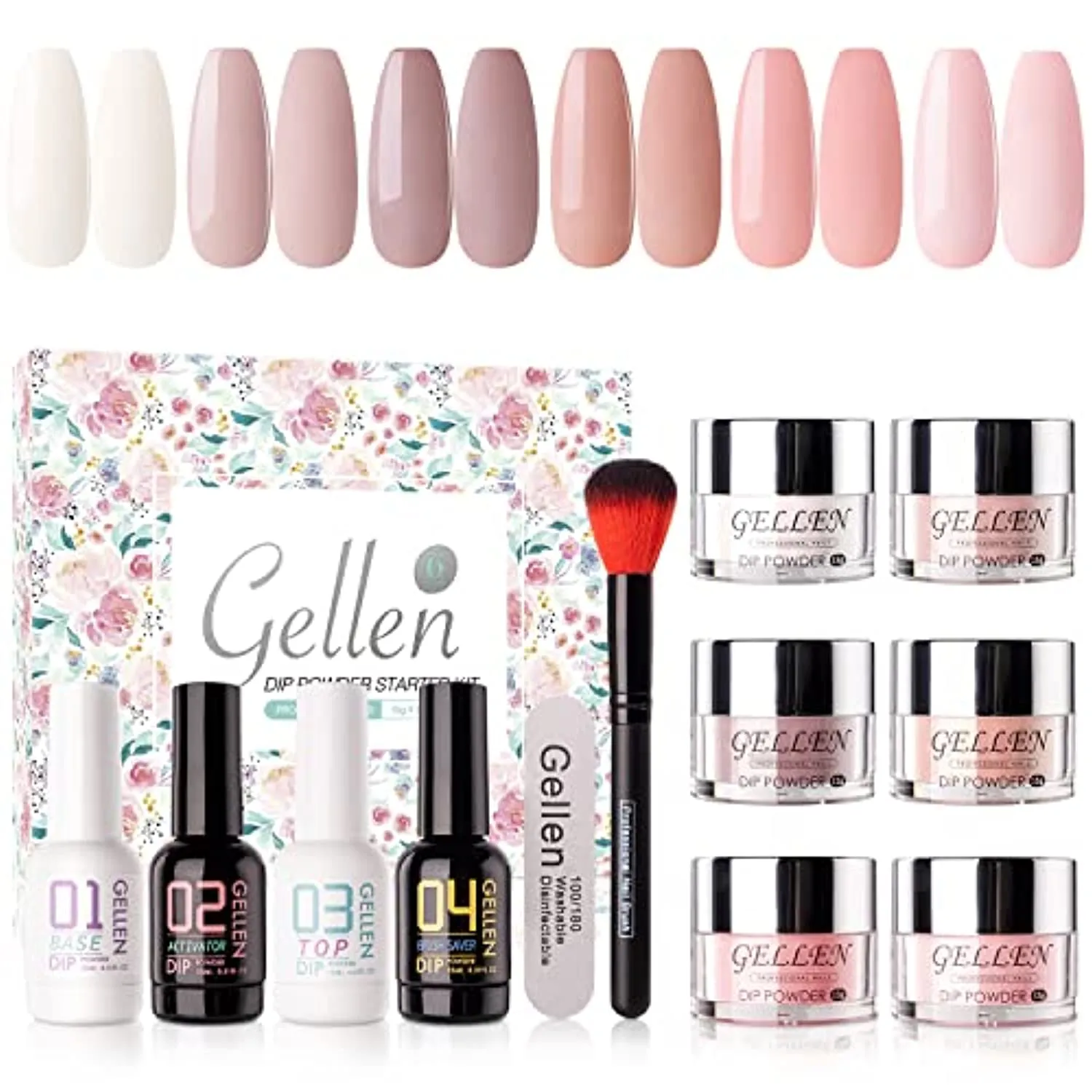 Gellen Dip Powder Nail Kit, 6 Colors Acrylic Nail Dip Powder Starter Kit With Top&Base Coat, Clear Dipping Powder Liquid Set, Home/Salon Nail Art Kit, DIY Manicure Gift Set, Gentle Nudes