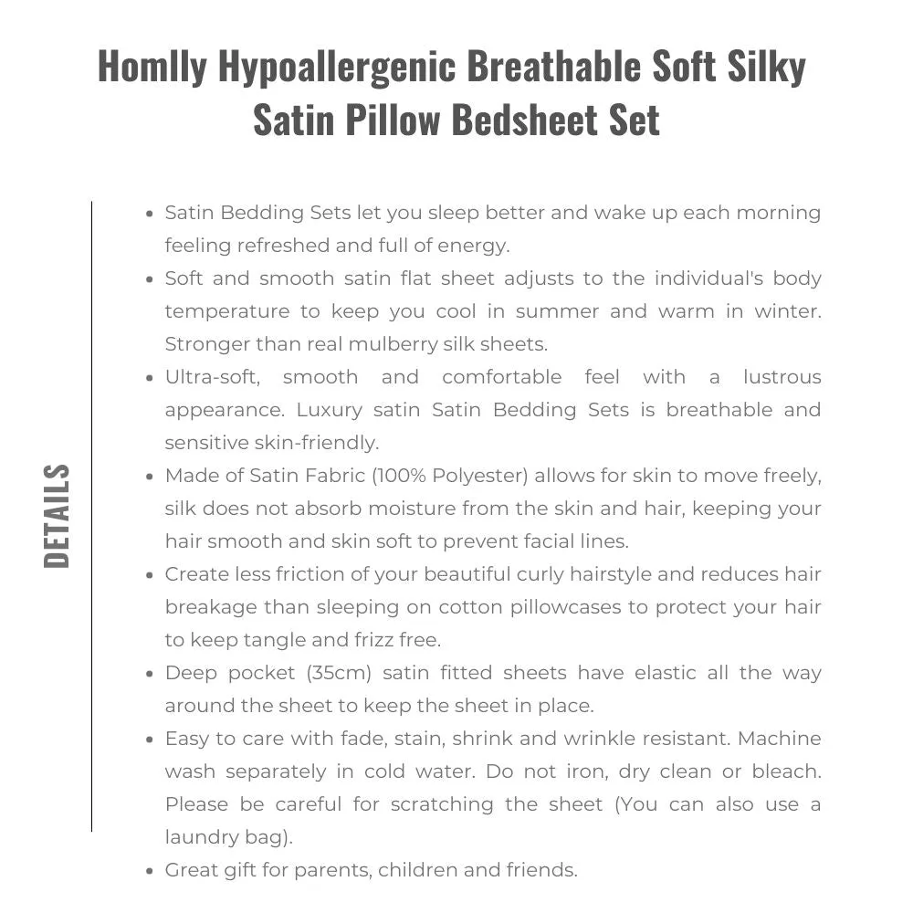 Homlly Hypoallergenic Breathable Soft Silky Satin Pillow Bedsheet Set