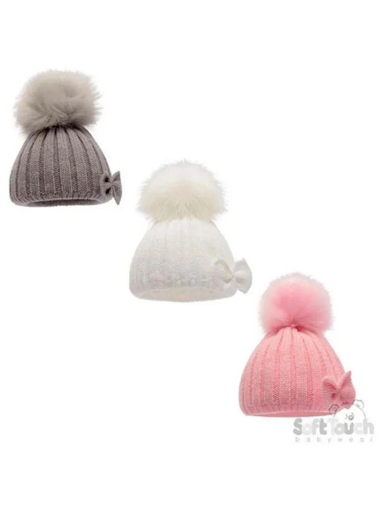 Newborn Bow & Faux Fur Pom Pom Knit Hat - Grey