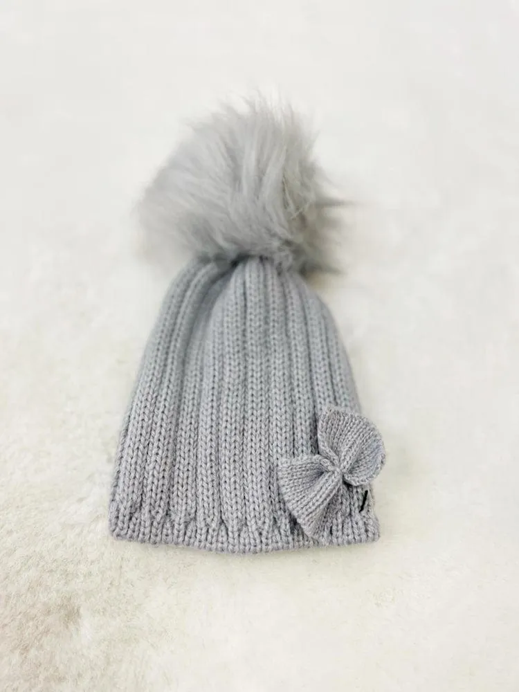 Newborn Bow & Faux Fur Pom Pom Knit Hat - Grey