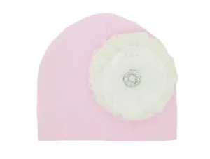 Pale Pink Cotton Hat with White Lace Rose