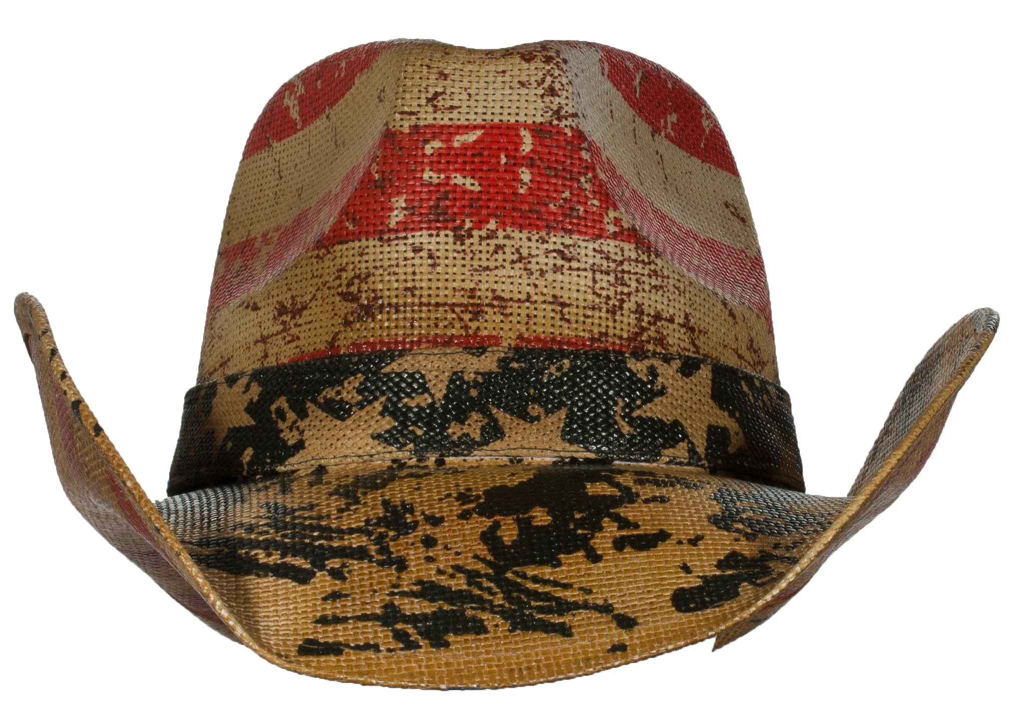 Tan Western Toyo Straw Distressed USA Flag Cowboy Hat w/ Elastic Headband