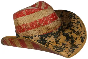 Tan Western Toyo Straw Distressed USA Flag Cowboy Hat w/ Elastic Headband