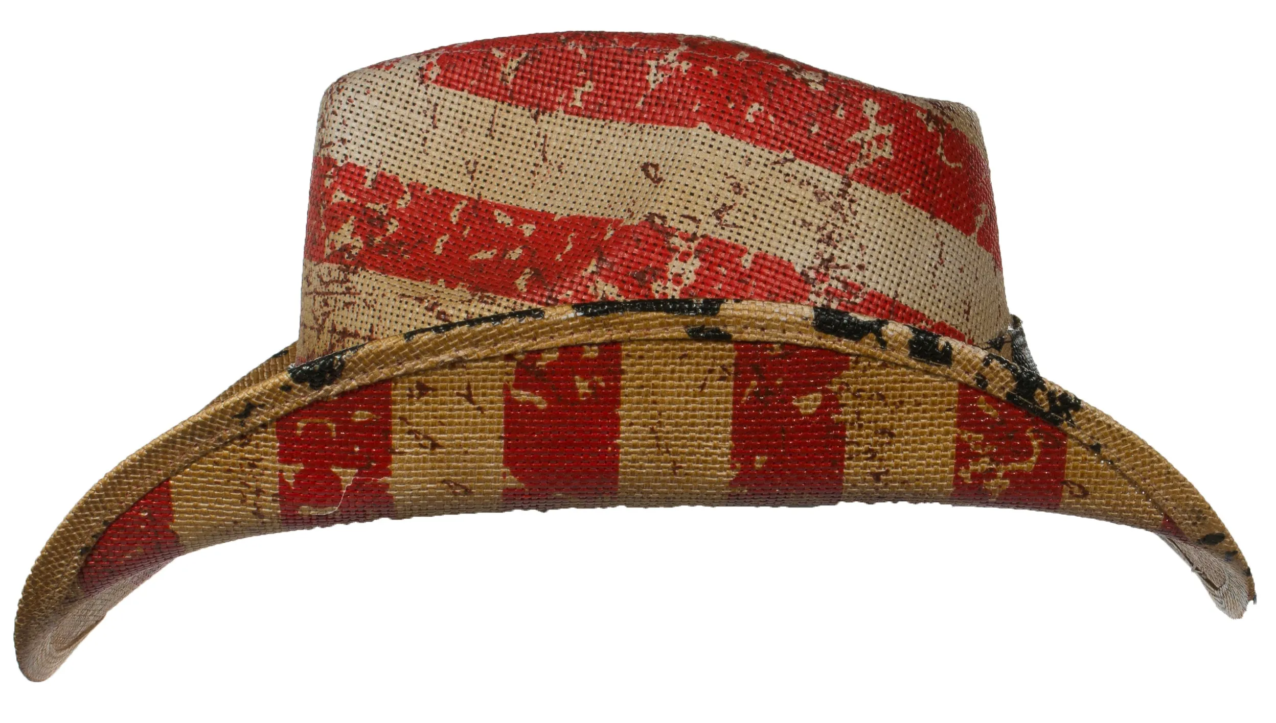 Tan Western Toyo Straw Distressed USA Flag Cowboy Hat w/ Elastic Headband