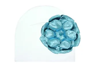 White Cotton Hat with Metallic Teal Rose